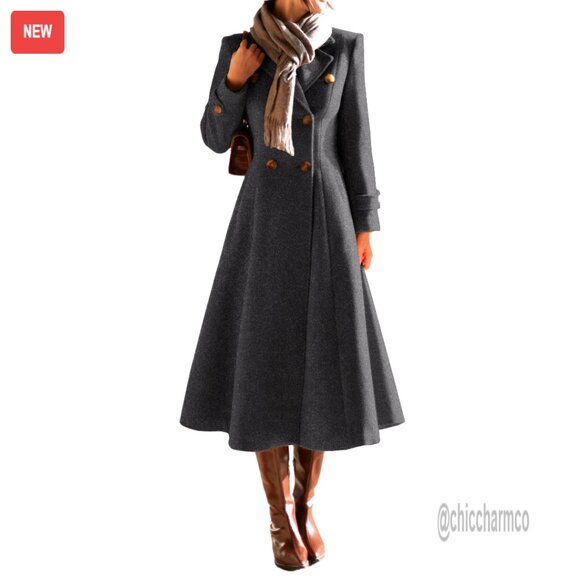 Double Breasted Wool Trench Coat Classic Elegant Office Wear Below Knee Length